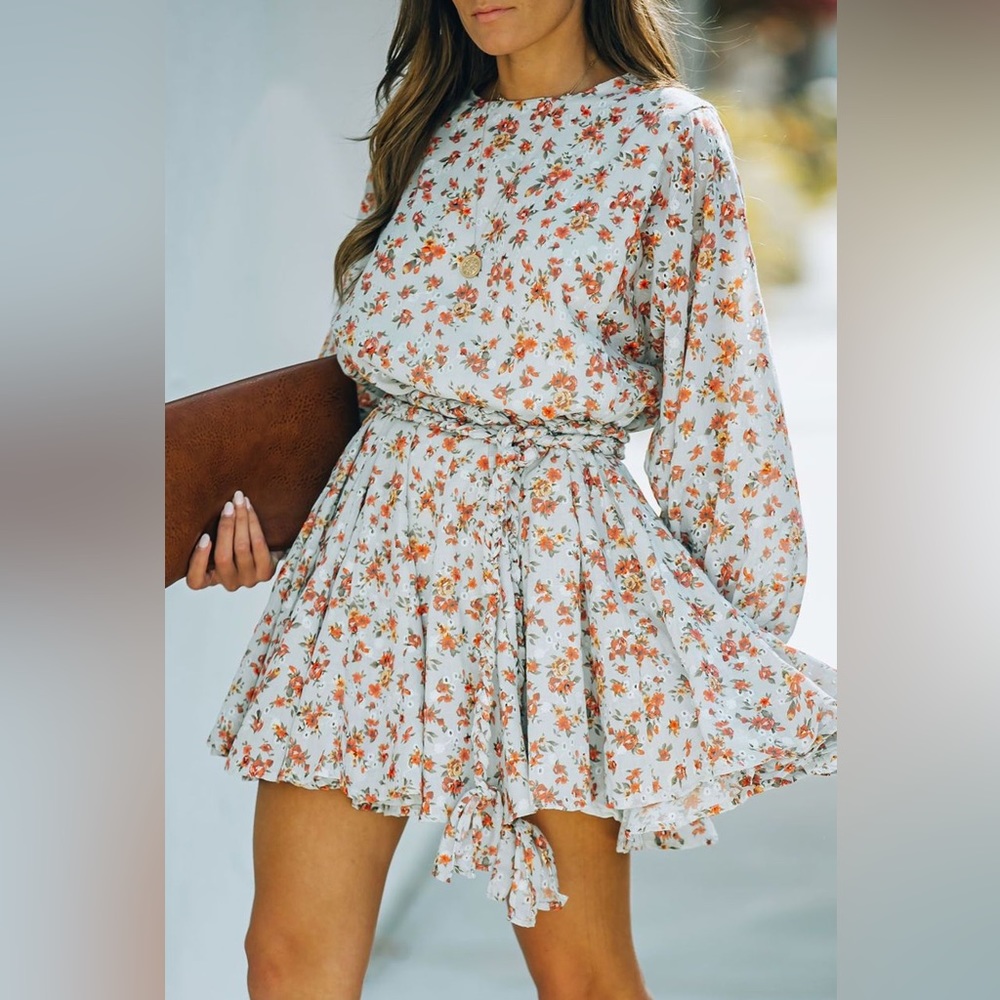Vici Long Sleeve Floral Tie Waist Mini Dress
